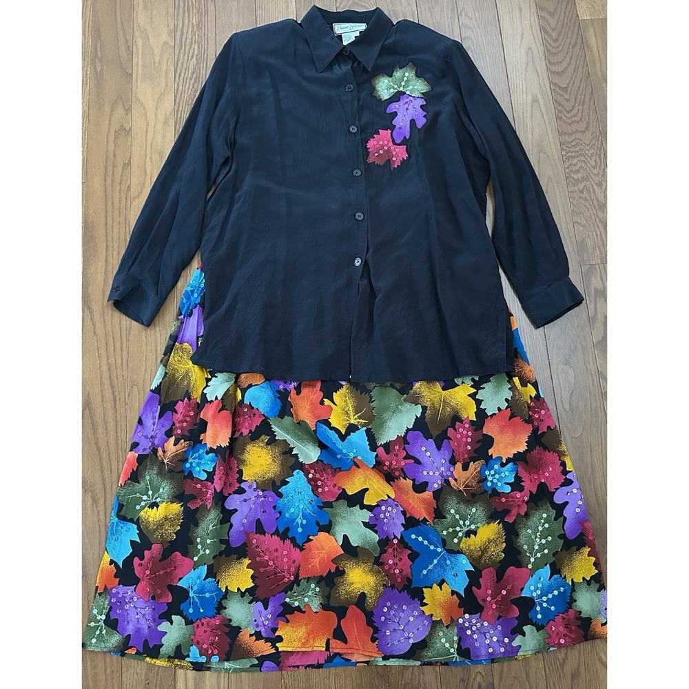 Vintage Diane Gilman Silk Leaf‎ Sequin Embellished Button Down Shirt Skirt Large
